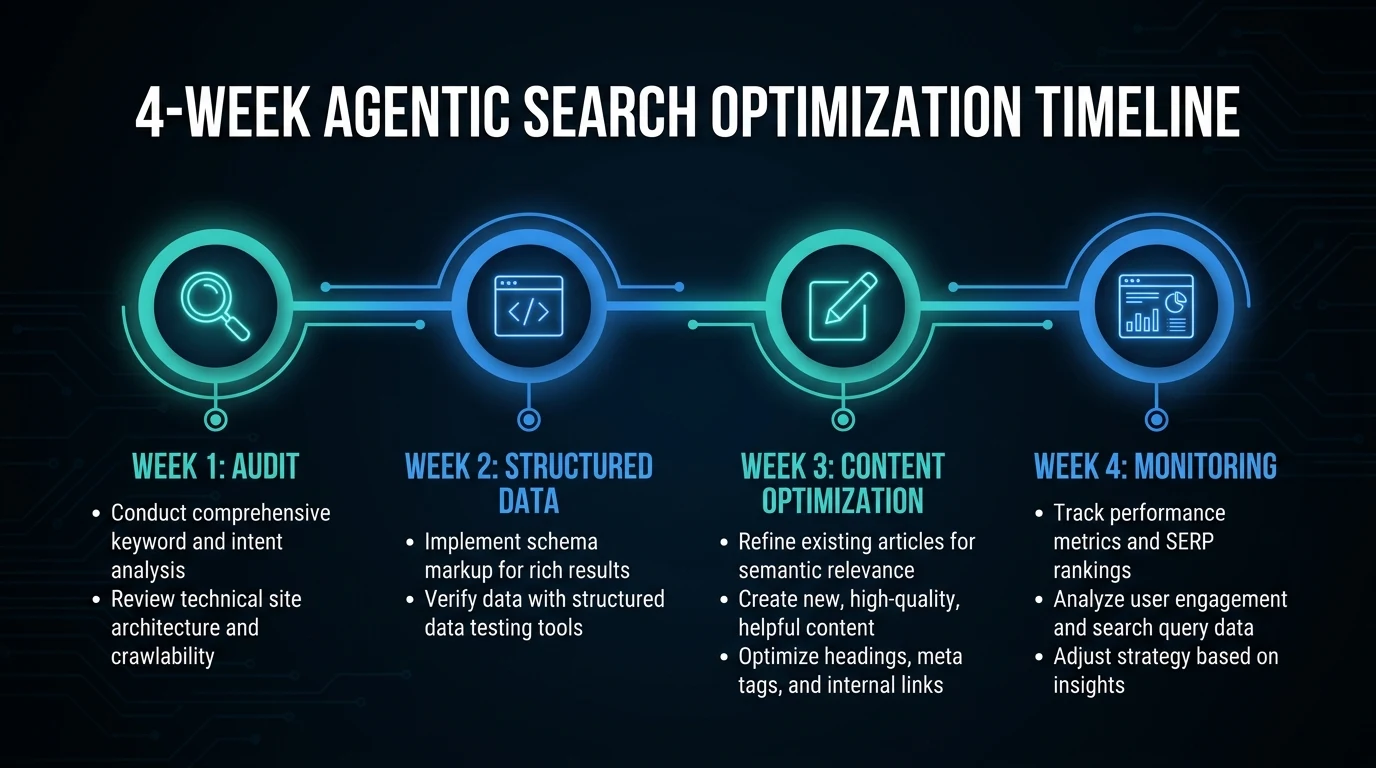 Infographic: 4-week timeline infographic for agentic search optimization: Week 1 Audit (magnifying glass icon), Week 2 Structured Dat