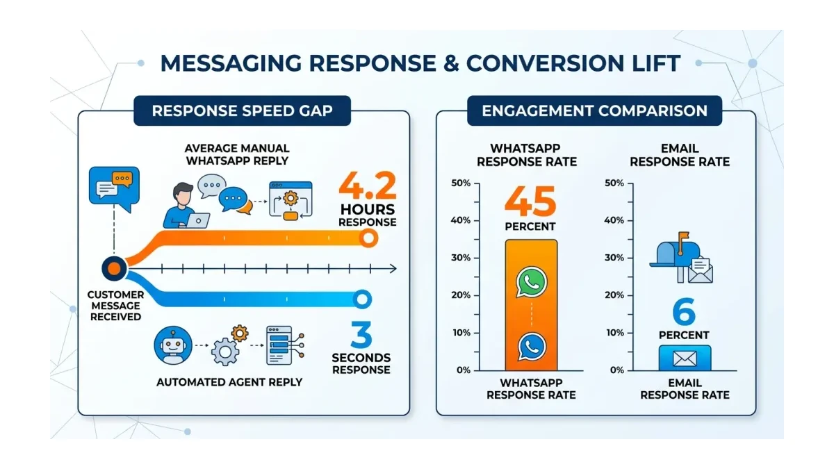 Infographic: Infographic showing the response speed gap and conversion lift: a timeline contrasting average manual WhatsApp reply of 