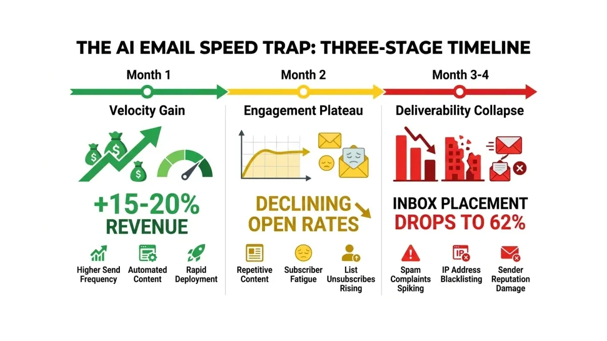 Infographic: Three-stage AI email speed trap timeline showing deliverability collapse