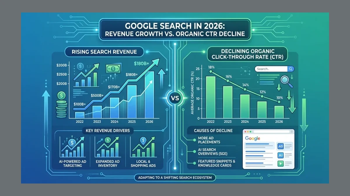 Infographic: Google Search revenue growth vs organic CTR decline in 2026
