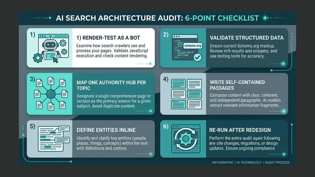 Infographic: A six-point checklist infographic for an AI search architecture audit: 1) Render-test as a bot, 2) Validate structured d