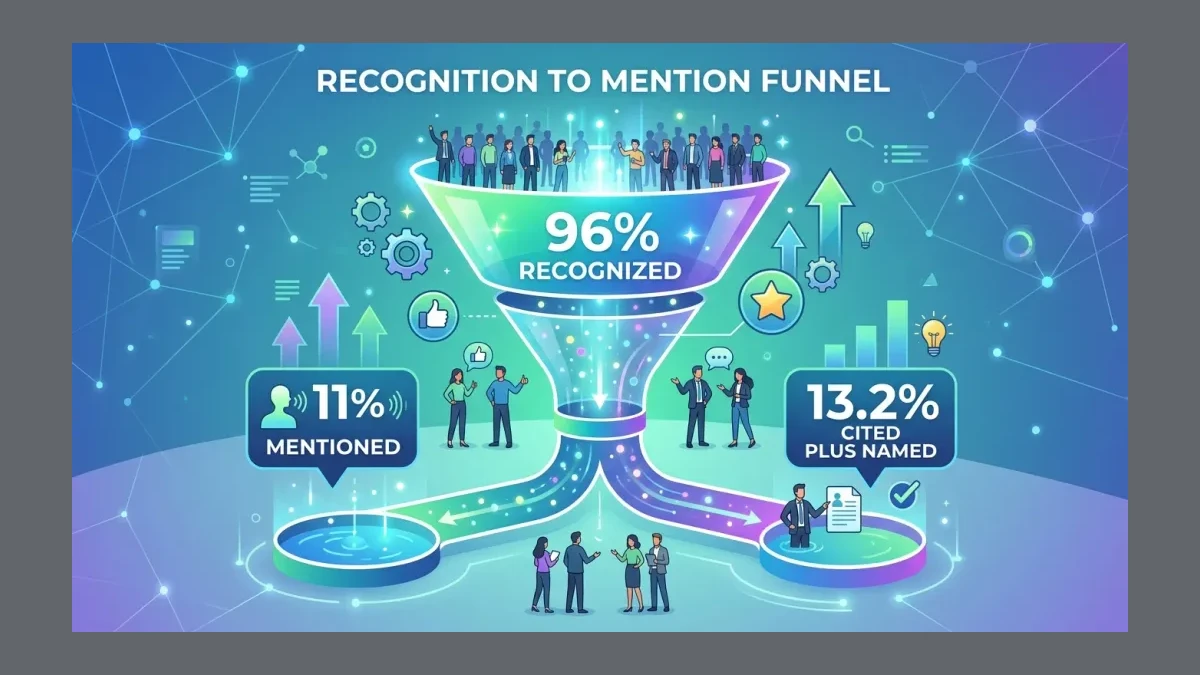 Infographic: recognition to mention funnel, 96% recognized narrowing to 11% mentioned and 13.2% cited plus named