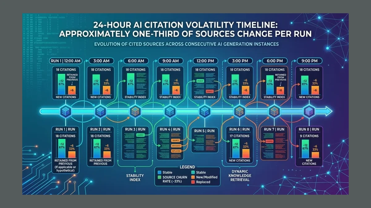 Infographic: 24-hour citation volatility timeline showing about one third of cited sources changing between AI runs