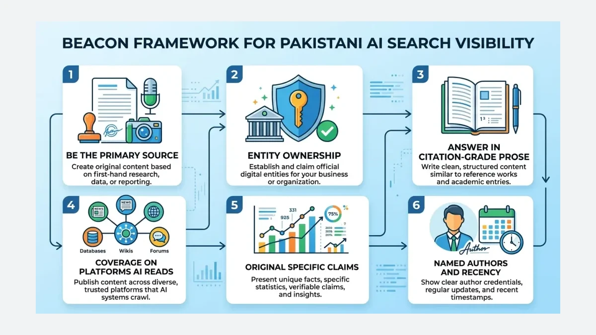 Infographic: the BEACON framework as a six-step diagram showing how entity footprint, citation-grade prose, and third-party coverage combine to earn ChatGPT and AI Overviews citations for Pakistani brands