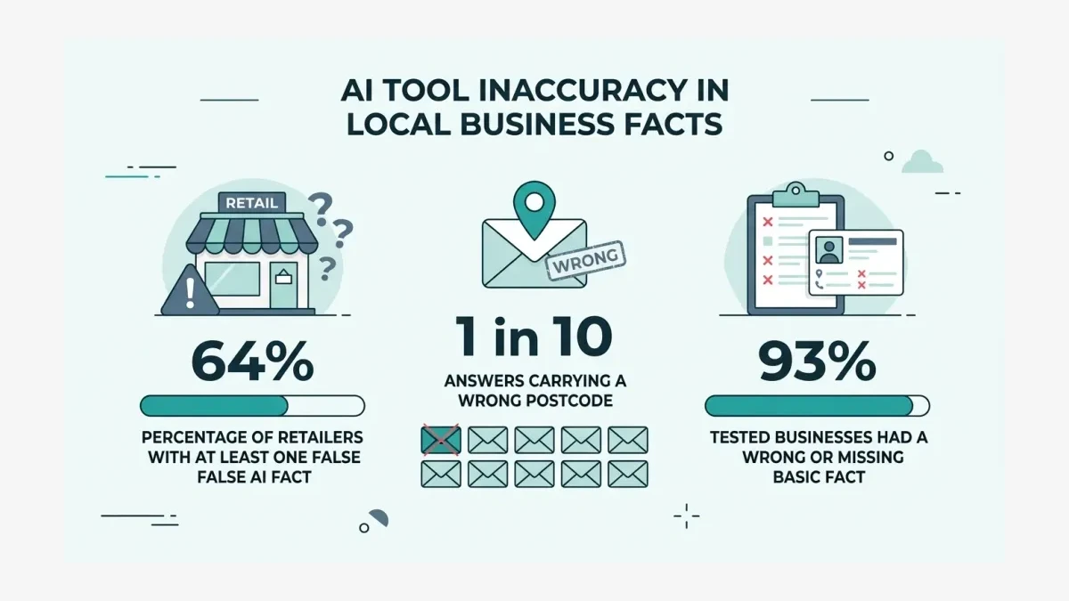 Infographic: How often AI tools get local business facts wrong, showing 64% of retailers had at least one false fact and 1 in 10 answers carried a wrong postcode.