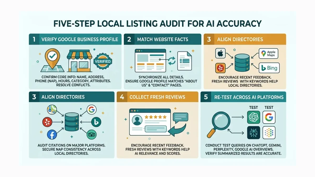 Infographic: Five-step local listing audit for AI accuracy — profile, website, directories, reviews, and re-test across ChatGPT, Gemini, and Perplexity.