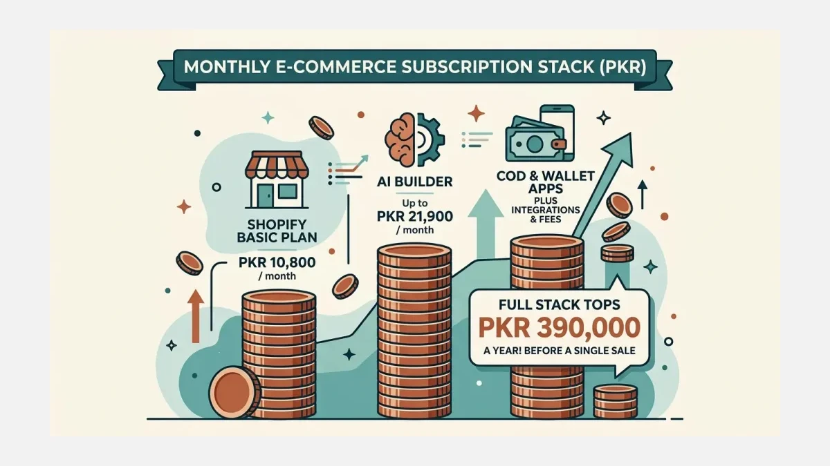 Infographic: monthly PKR subscription stack of an AI-built Shopify store with fees in rupees