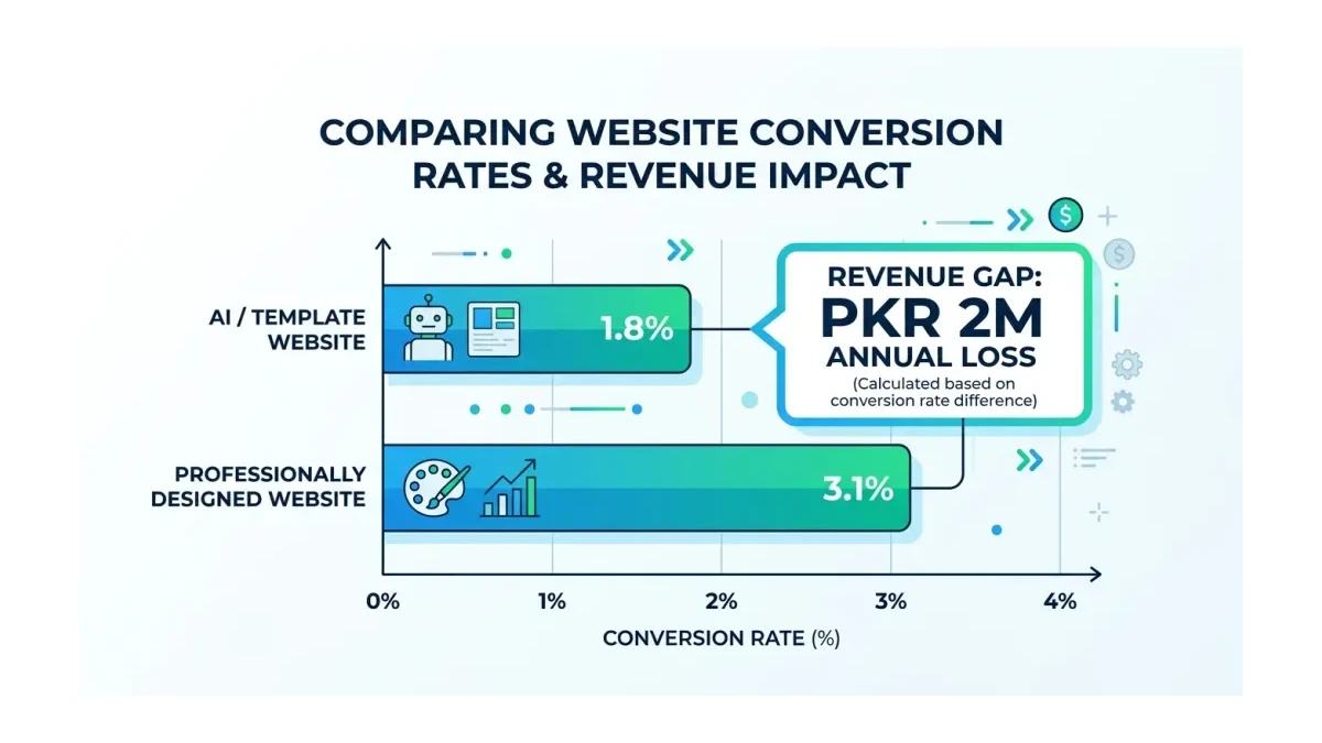 Infographic: AI template website converting at 1.8% versus professionally designed website converting at 3.1% with PKR revenue gap shown as bar chart