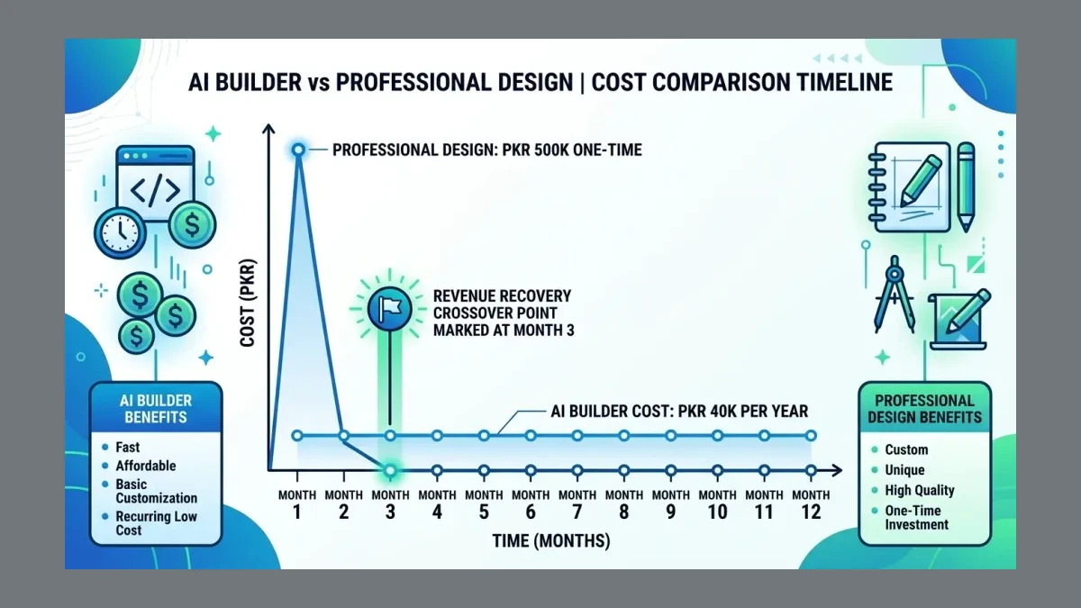 Infographic: Cost comparison showing AI builder at PKR 40K per year versus professional design at PKR 500K one-time, with revenue recovery timeline marked at month 3