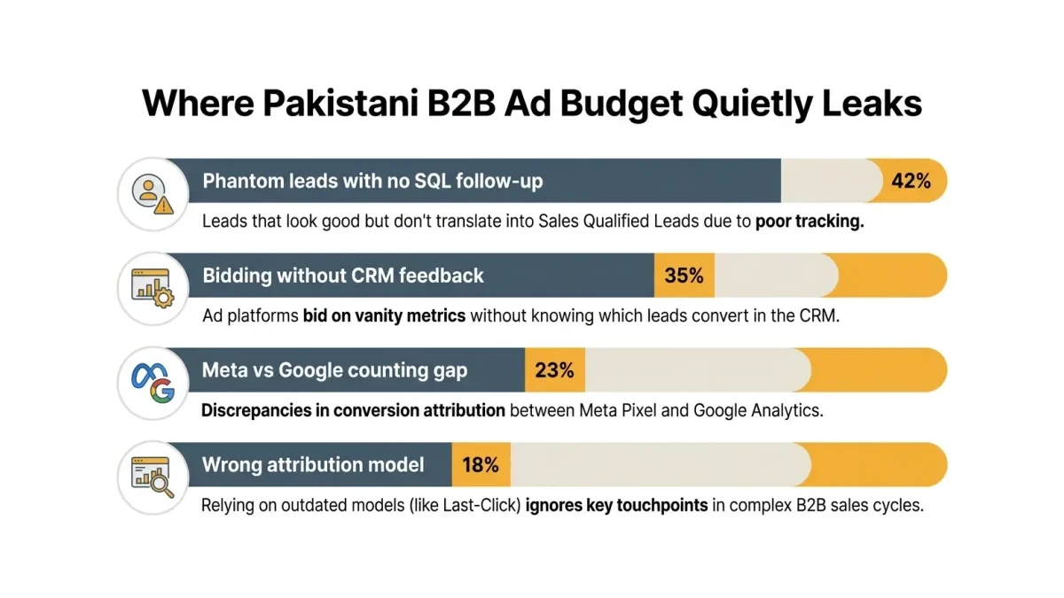 Infographic: Infographic-style horizontal bar chart titled 'Where Pakistani B2B Ad Budget Quietly Leaks' showing four bars: Phantom l