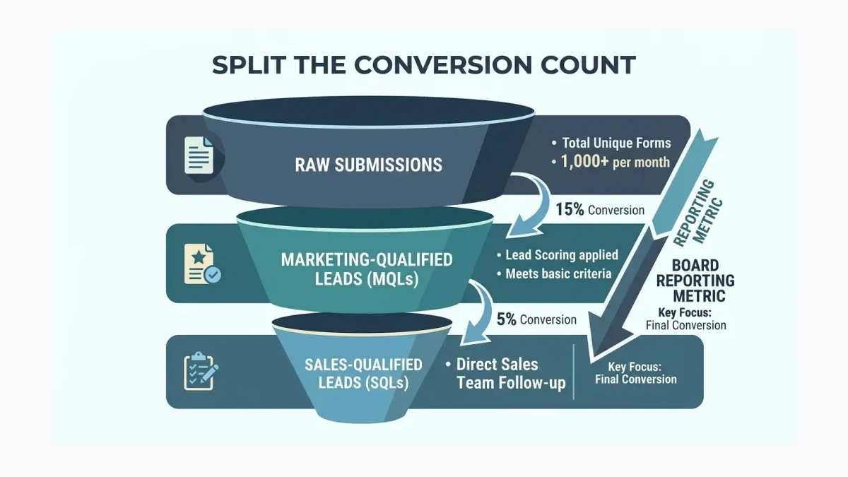 Infographic: Infographic-style three-layer funnel diagram titled 'Split the Conversion Count' showing Raw Submissions at the top, Mar