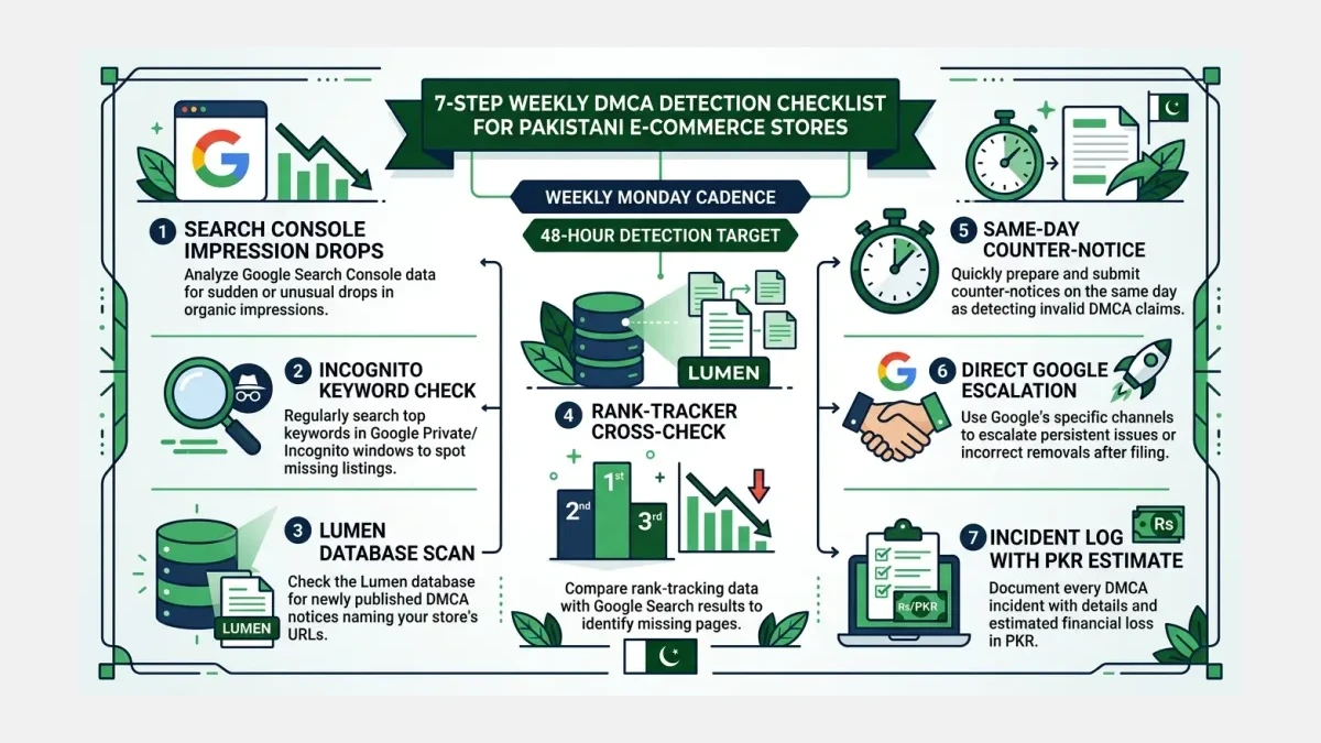 Infographic: weekly DMCA detection checklist for Pakistani ecommerce stores