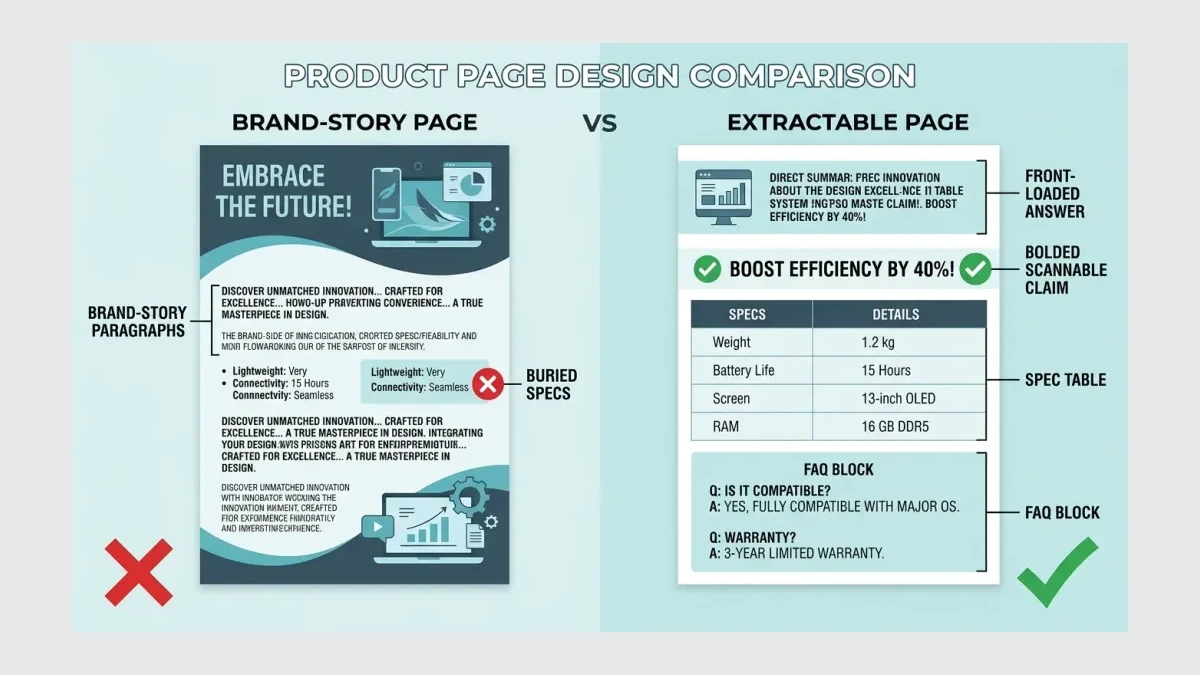 Infographic: Infographic comparing a brochure-style product page versus a structured extractable page. Left side shows a brand-story