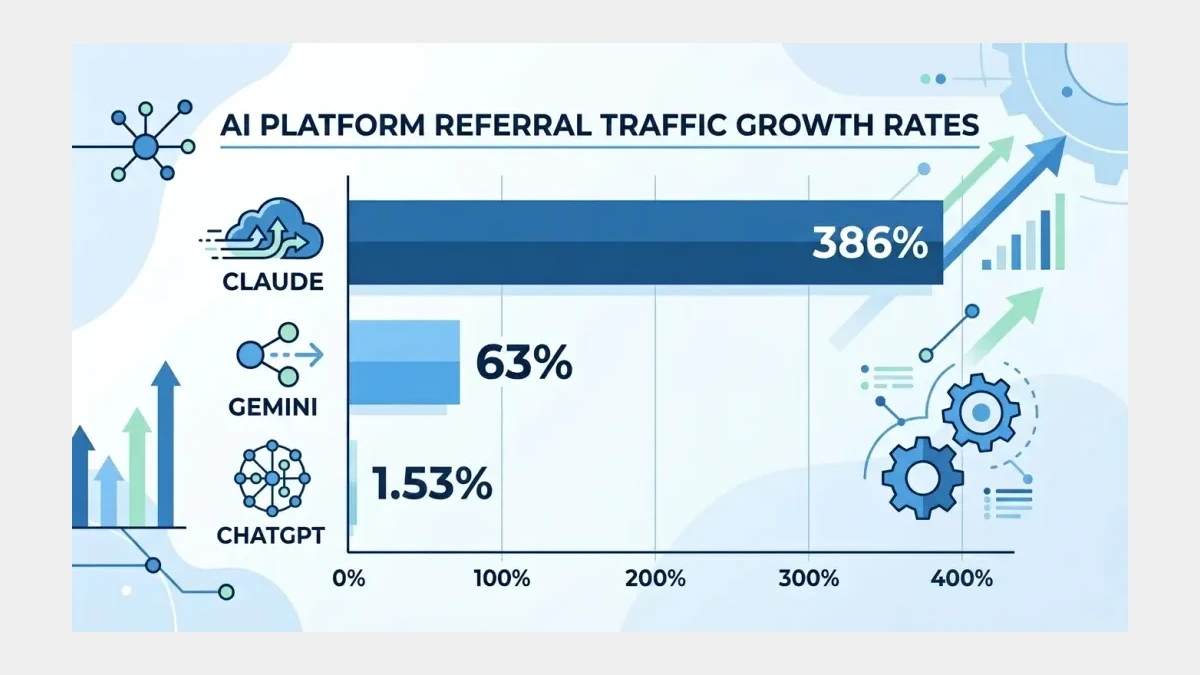 Infographic: Infographic showing AI platform referral traffic growth rates as horizontal bar chart: Claude reported growth, Gemini 63%, ChatGPT