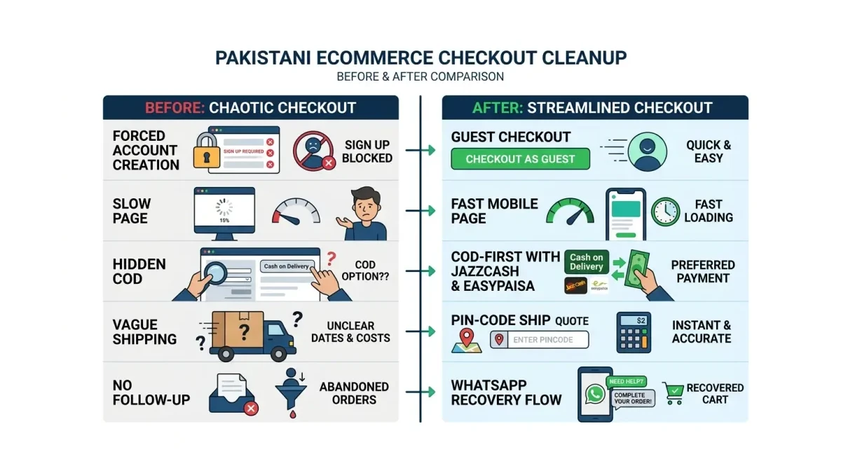 Infographic: Before and after a CLEAR checkout cleanup — moving from account-required, slow, COD-hidden checkout to guest, COD-first, two-tap payment with visible shipping.