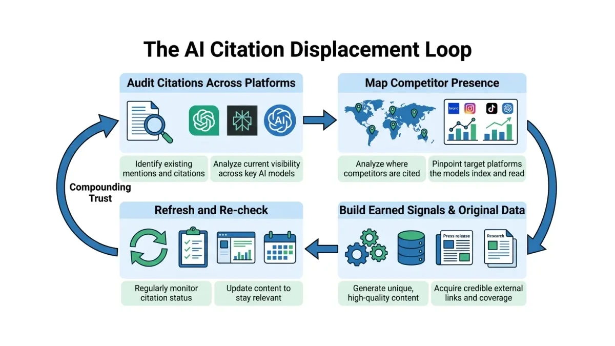 Infographic: The AI citation displacement loop, a four-step cycle from auditing citations across engines to building earned signals and re-checking, with a compounding-trust feedback arrow