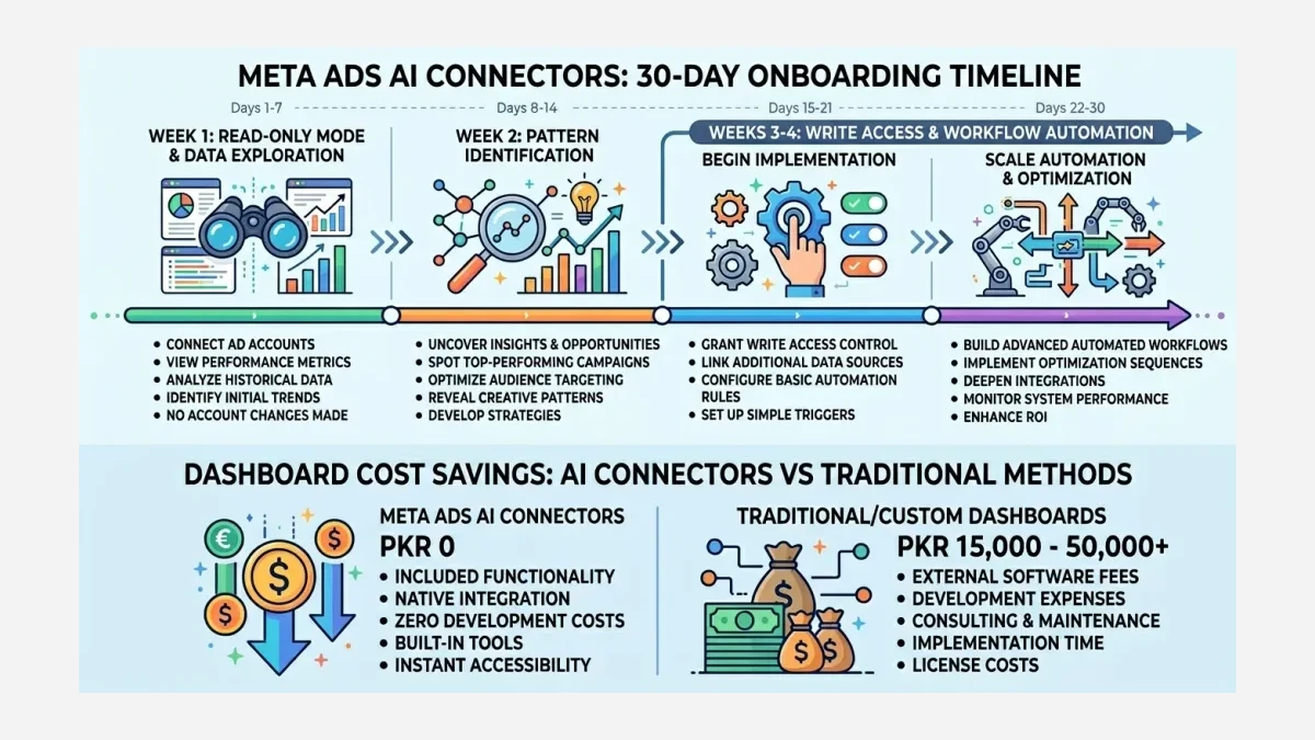 Infographic: 30-day onboarding timeline for Meta Ads AI Connectors with weekly milestones