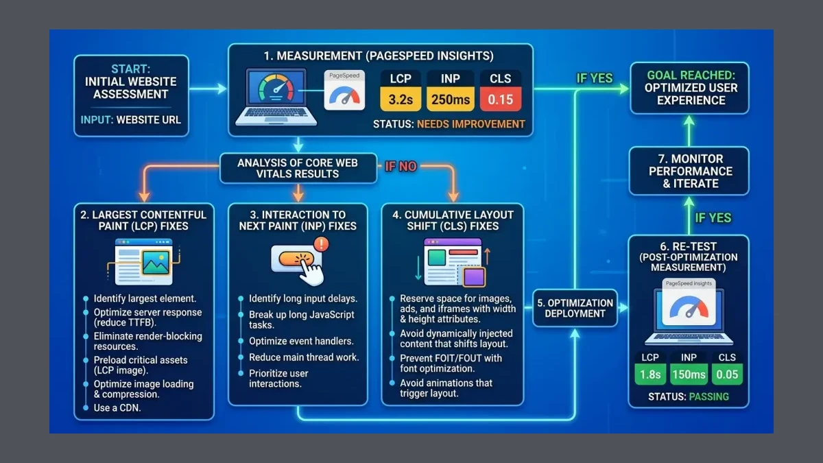 Infographic: the Core Web Vitals audit flow, from PageSpeed Insights measurement through LCP, INP, and CLS fixes to a re-test
