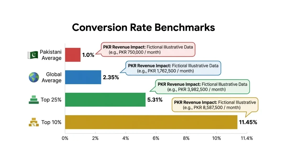 Infographic: Bar chart comparing Pakistani website conversion rates at 0.5-1.5% against global average 2.35%, top 25% at 5.31%, and top 10% at 11.45%, with PKR revenue impact labels