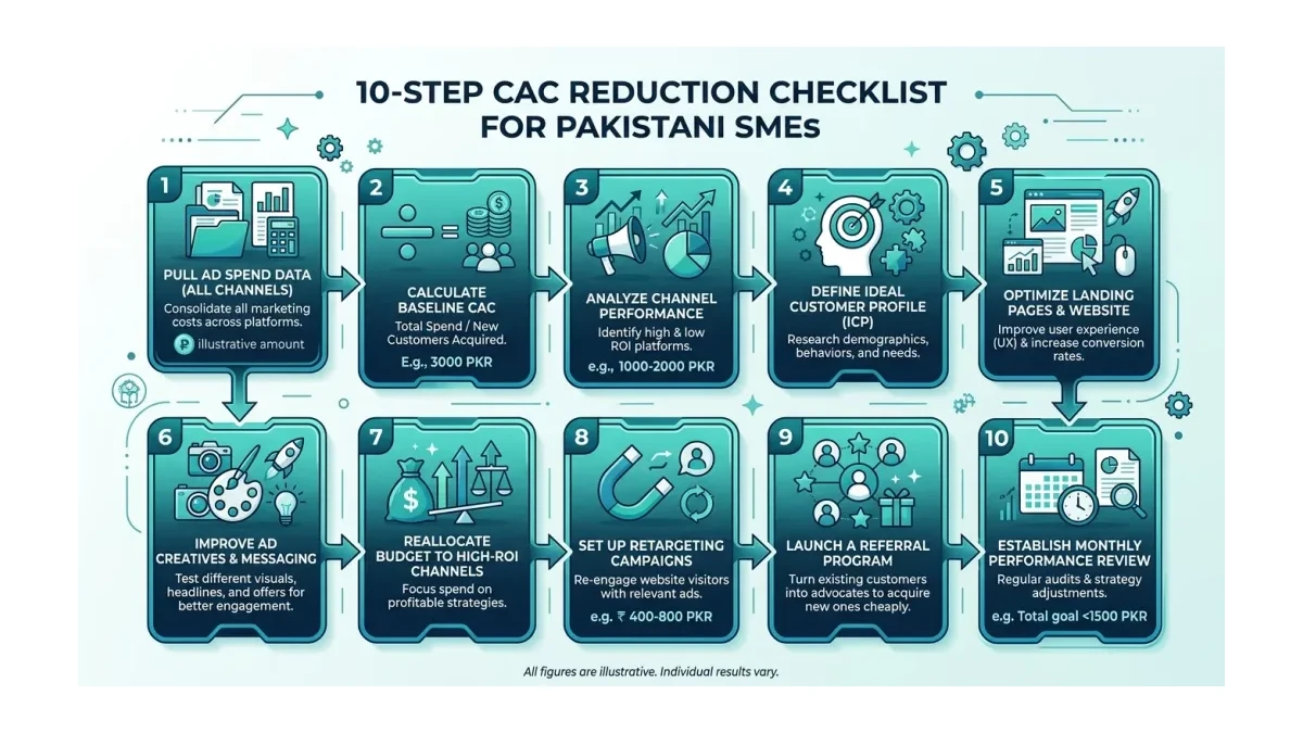 Infographic: Infographic showing 10-step CAC reduction checklist flowchart for Pakistani SMEs, from pulling ad spend data to monthly 