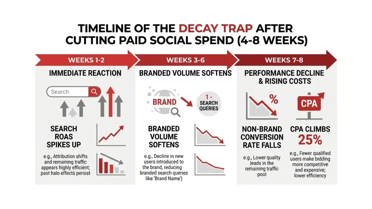Infographic: Infographic timeline of the four-to-eight-week decay trap after cutting paid social: weeks 1-2 search ROAS spikes up, we