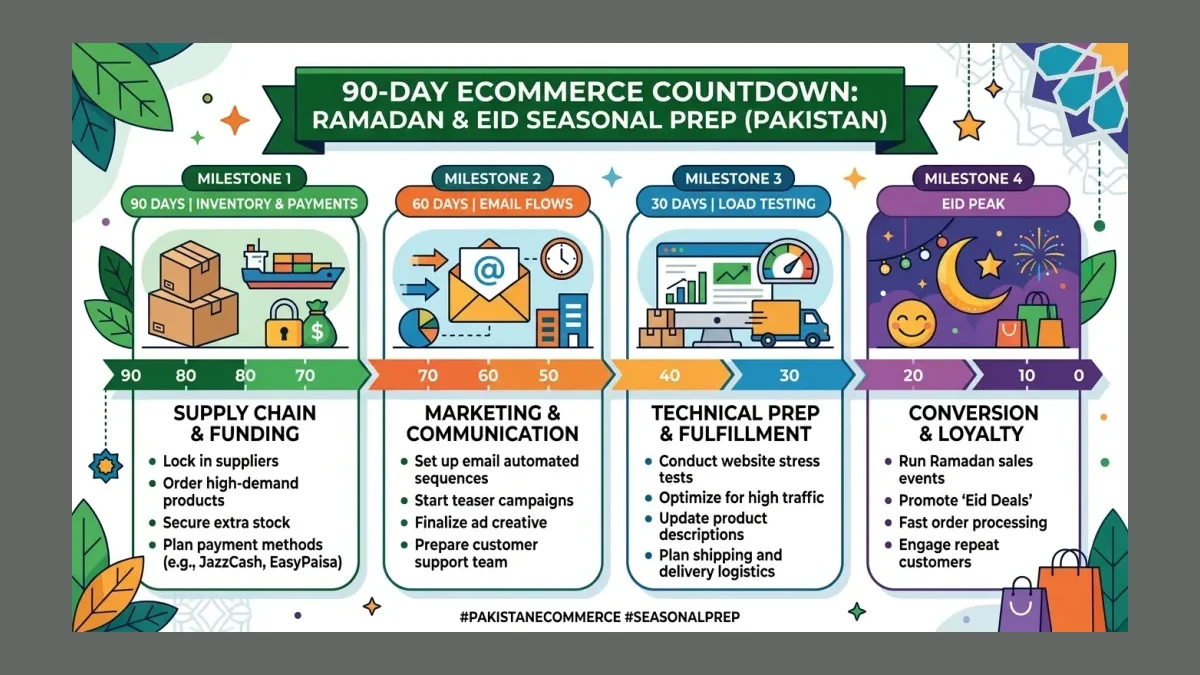 Infographic: a 90-day Pakistani ecommerce seasonal prep calendar counting back from Ramadan and Eid, showing inventory, payment, email, and load-testing milestones