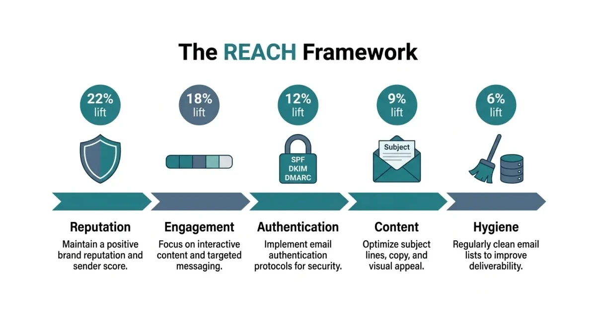 Infographic: the REACH framework five-step email deliverability flow for Pakistani ecommerce