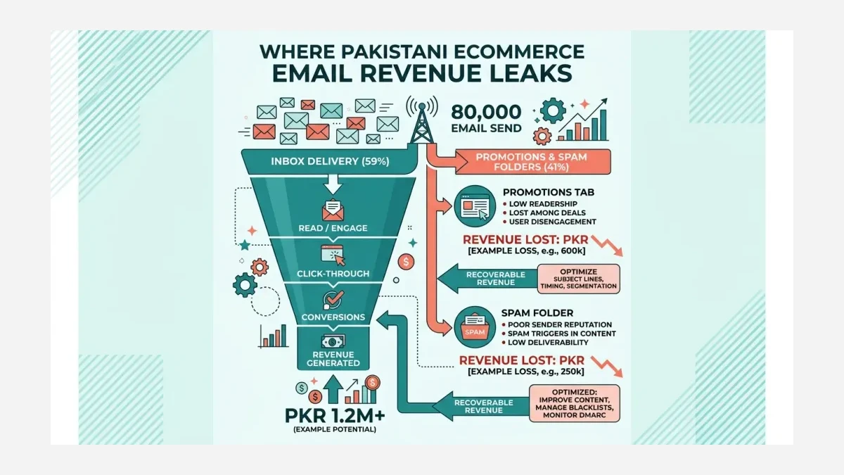 Infographic: Pakistani ecommerce email funnel showing where revenue leaks from spam placement