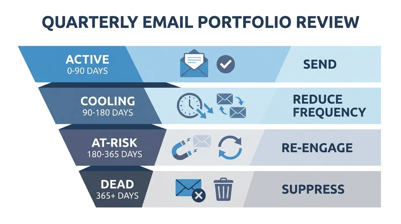 Quarterly email portfolio review funnel: active, cooling, at-risk, and dead segments with the action for each.