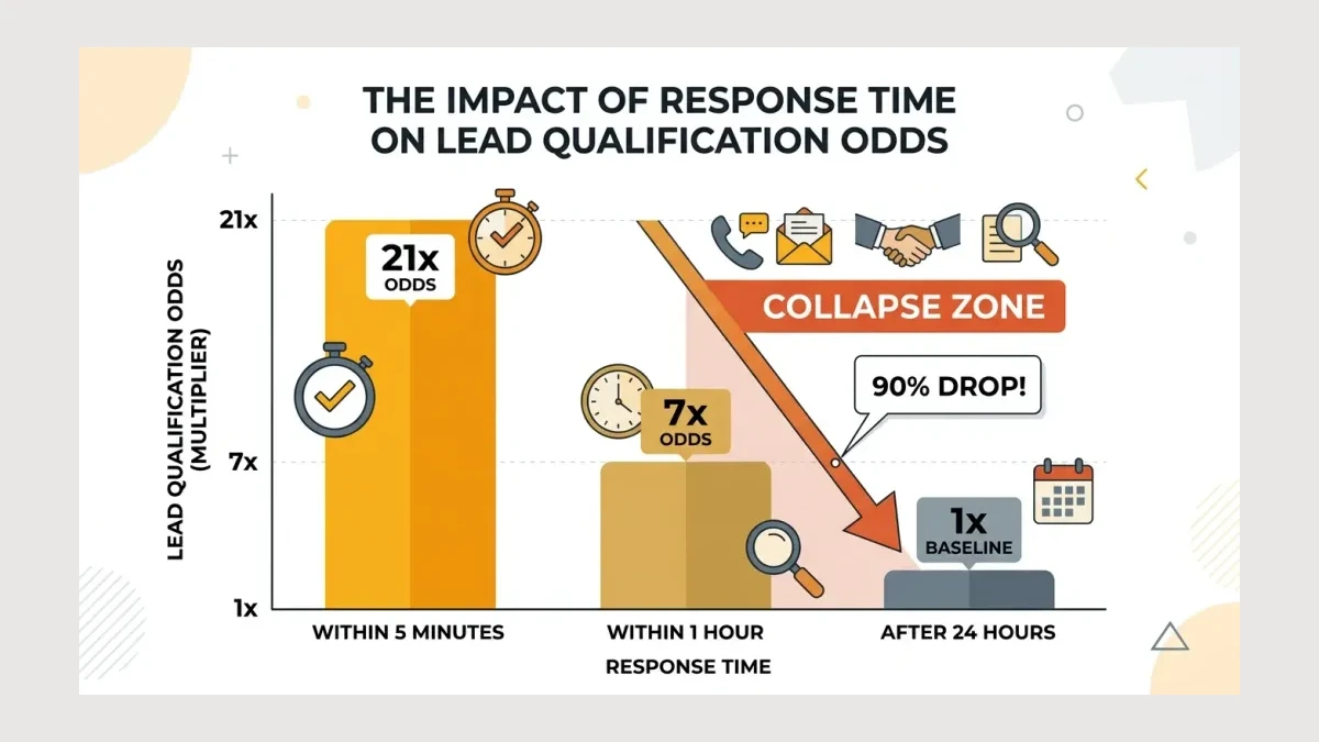Infographic: Lead qualification odds by response time, showing the collapse after one hour