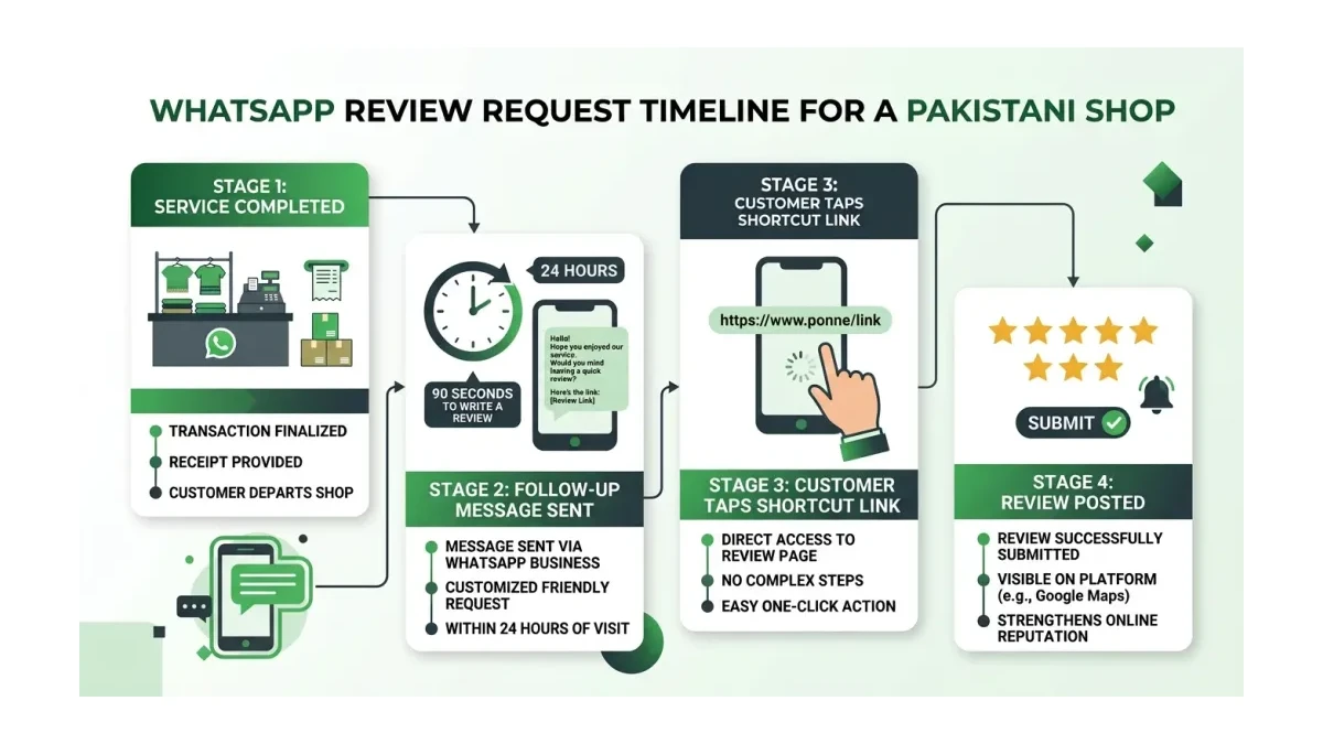 Infographic: A WhatsApp review request timeline showing the steps from completed service to posted Google review within 24 hours.