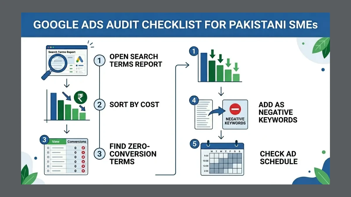 Infographic: Infographic showing 5-step Google Ads audit checklist for Pakistani SMEs: 1) Open search terms report, 2) Sort by cost,