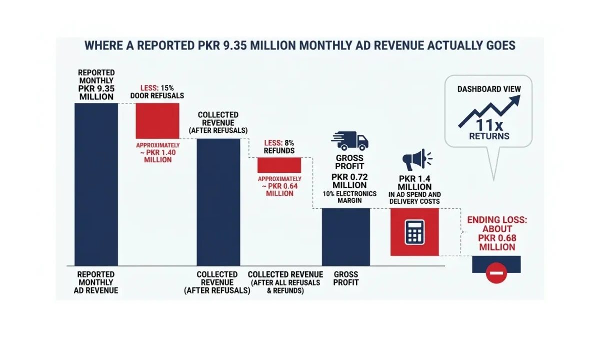 Infographic: Infographic showing where a reported PKR 9.35 million monthly ad revenue actually goes: bars stepping down from reported