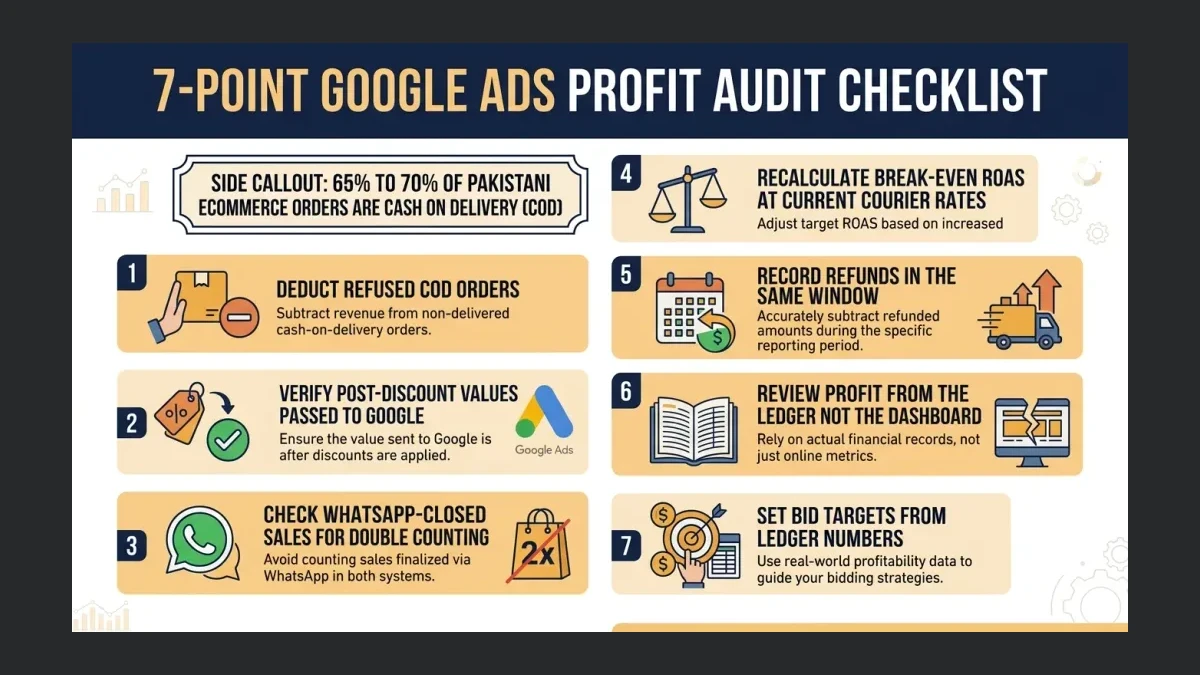 Infographic: Infographic of a 7-point Google Ads profit audit checklist: deduct refused COD orders, verify post-discount values passe