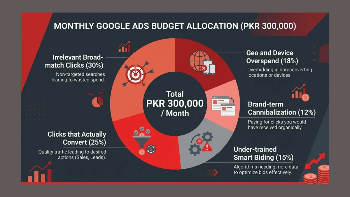 Infographic: Infographic showing a PKR 300,000 monthly Google Ads budget split into five colored segments labeled irrelevant broad-ma