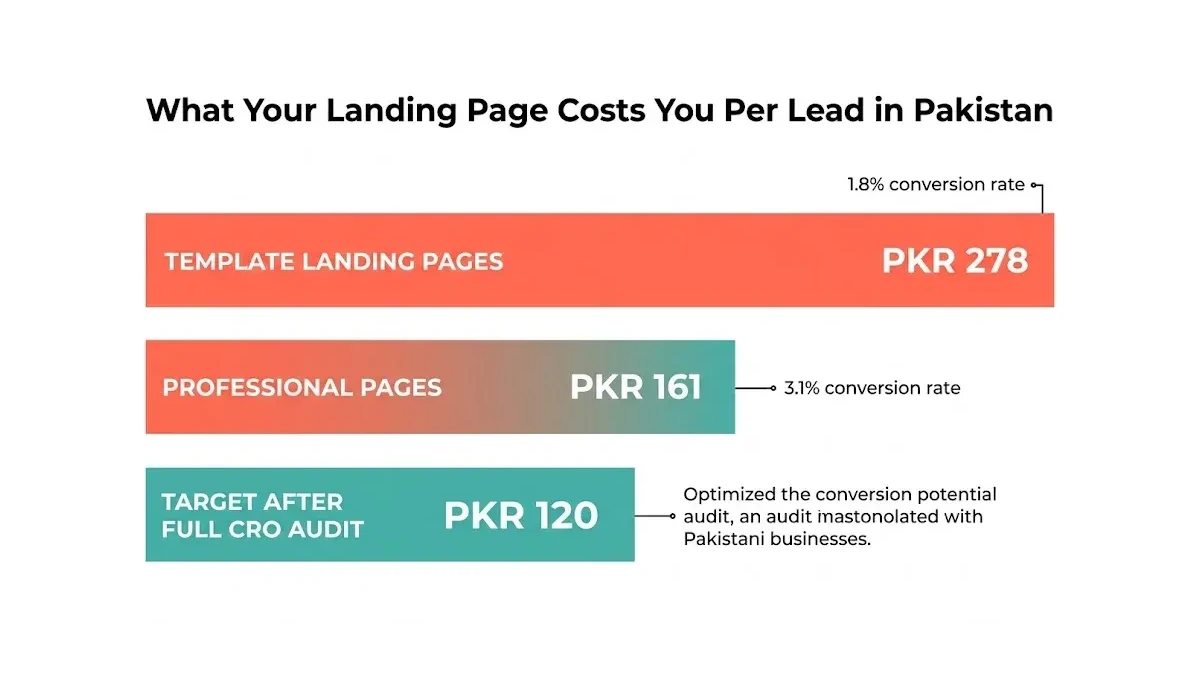 Infographic: Infographic showing cost per lead comparison for Pakistani businesses: three horizontal bars showing PKR 278 for templat
