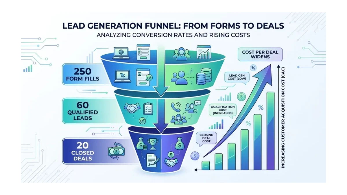 Infographic: lead-gen funnel narrowing 250 form fills to 60 qualified leads and 20 closed deals as cost per deal widens