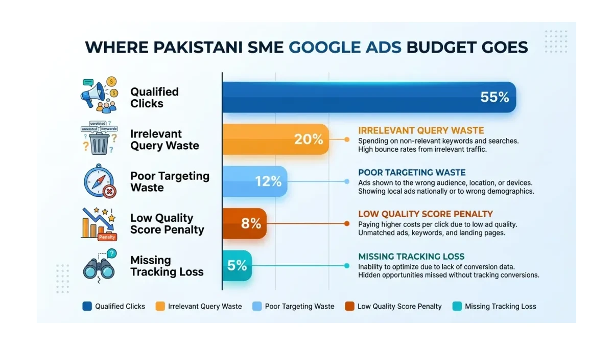 Infographic: Five Google Ads failure areas that waste 30-40% of Pakistani SME budgets