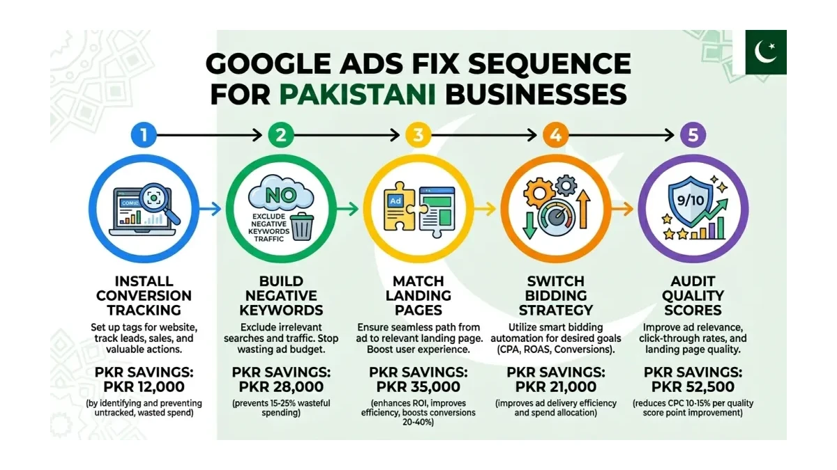 Infographic: Step-by-step Google Ads fix sequence for Pakistani businesses