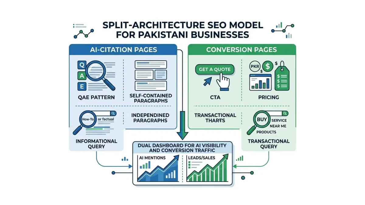 Infographic: Infographic showing the split-architecture SEO model for Pakistani businesses. Split diagram with left side labeled AI-C