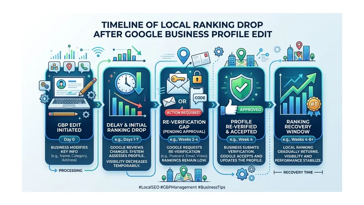 Infographic: timeline of a local ranking drop after a Google Business Profile edit, showing the delay, the re-verification gap, and the recovery window