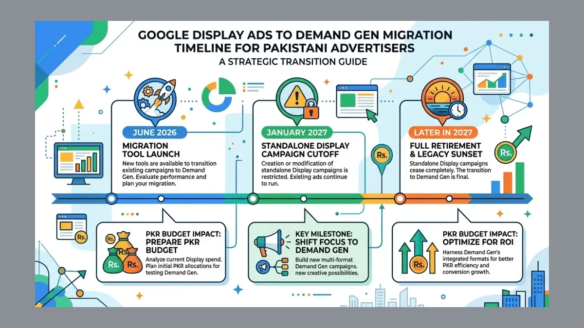 Infographic: Demand Gen migration timeline for Pakistani advertisers showing June 2026 tool launch, January 2027 standalone Display cutoff, and full retirement later in 2027