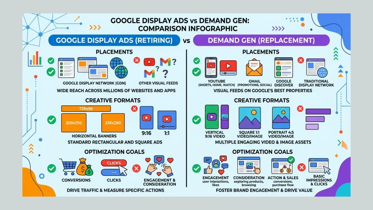 Infographic: side-by-side comparison of Google Display Ads versus Demand Gen placements, creative formats, and optimization goals for Pakistani ecommerce advertisers