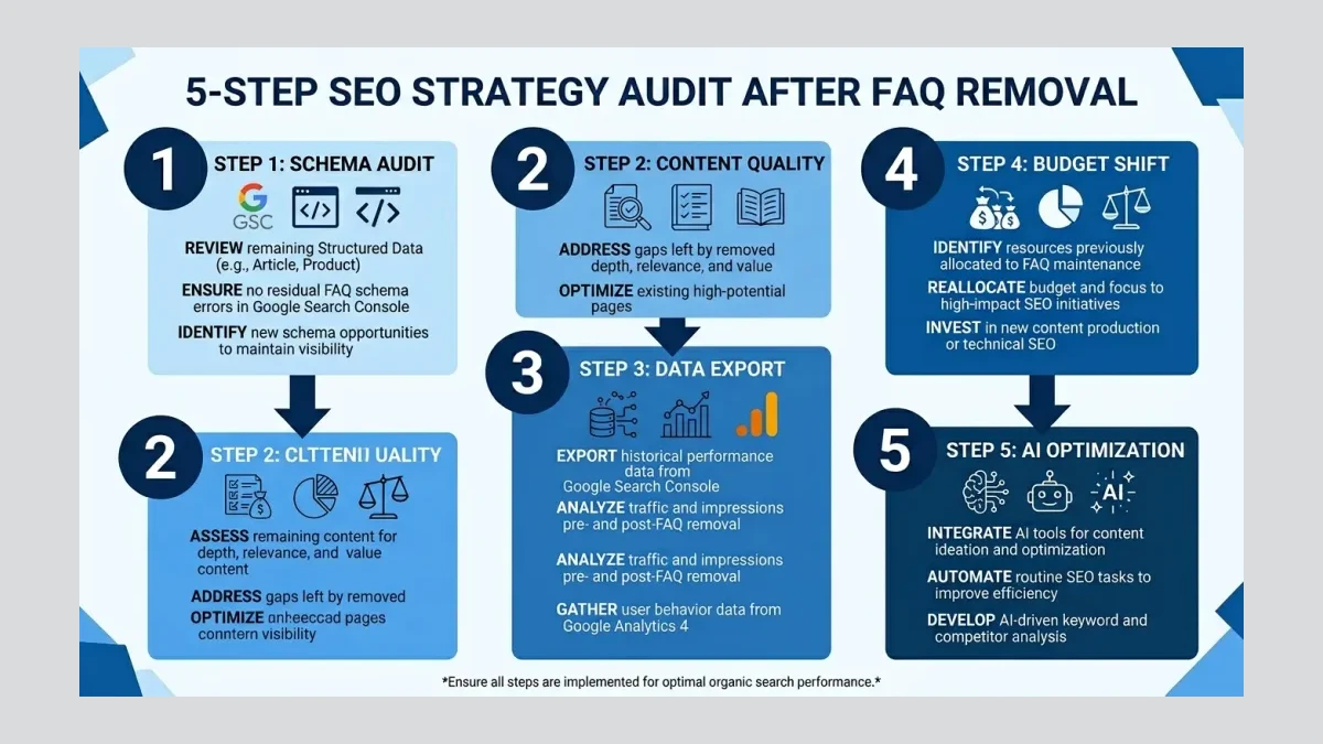 Five-step SEO strategy audit flowchart for Pakistani businesses after FAQ rich results removal