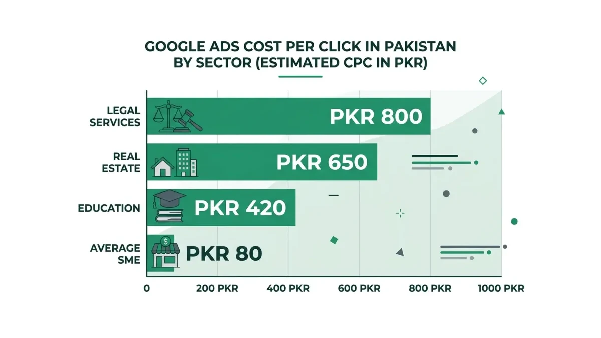 Infographic: Google Ads cost per click in Pakistan by sector, rising from PKR 80 for an average SME to PKR 800 for legal services, with real estate and education in between.