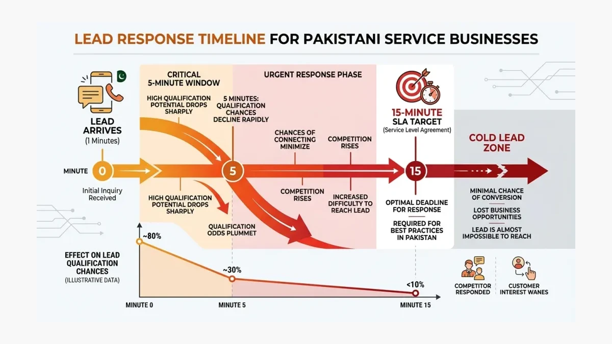 Infographic: Lead response timeline showing qualification odds falling sharply after the first five minutes, with a 15-minute business-hours SLA marked as the target window.