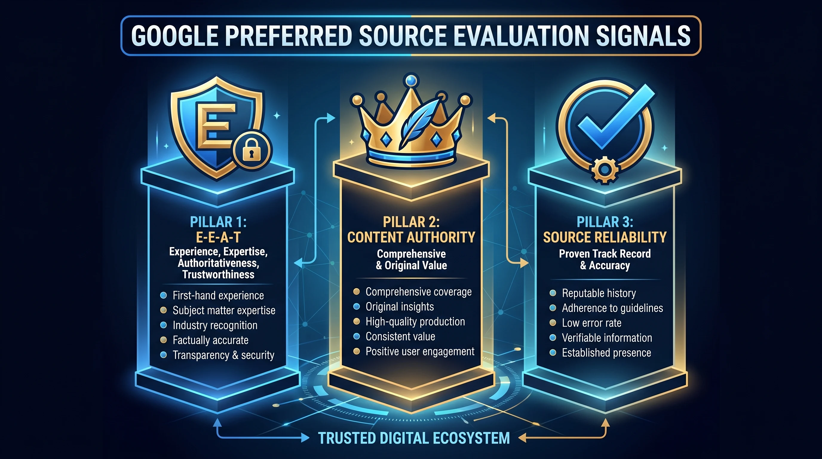 Infographic: Three-pillar infographic showing Google's Preferred Source evaluation signals: Pillar 1 E-E-A-T (Experience, Expertise, 