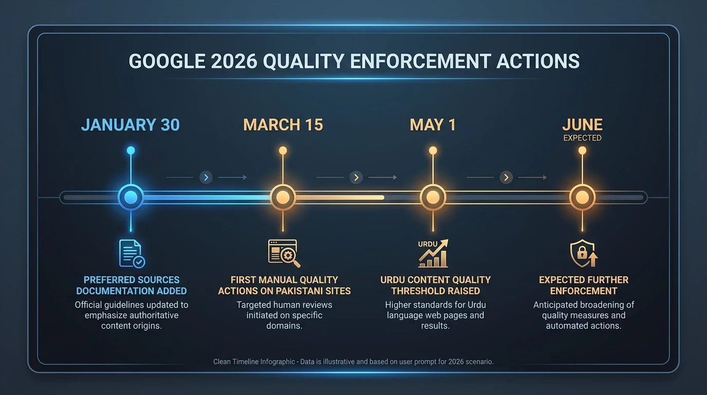 Infographic: Timeline infographic showing Google's 2026 quality enforcement actions: January 30 (Preferred Sources documentation adde