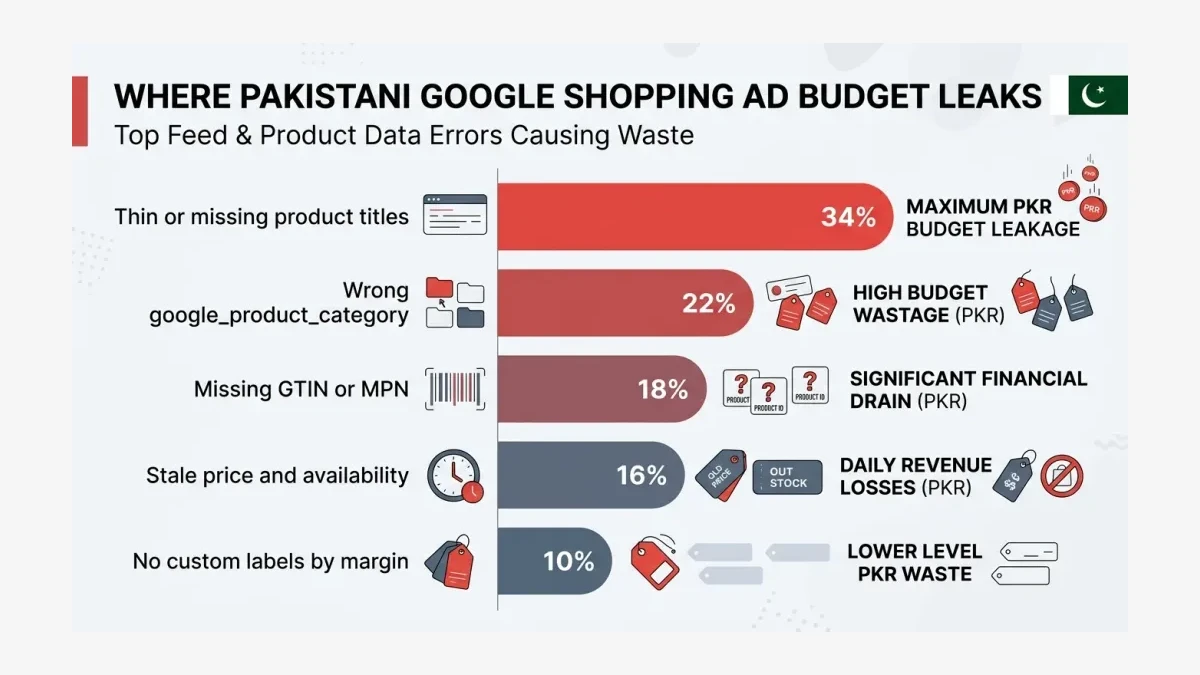 Infographic: Infographic-style horizontal bar chart showing where Pakistani Google Shopping ad budget leaks, thin or missing product 