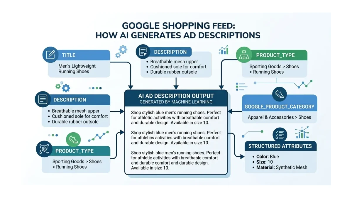 Infographic: Infographic-style flow diagram of the five Google Shopping feed fields the AI reads to generate ad descriptions, title, 